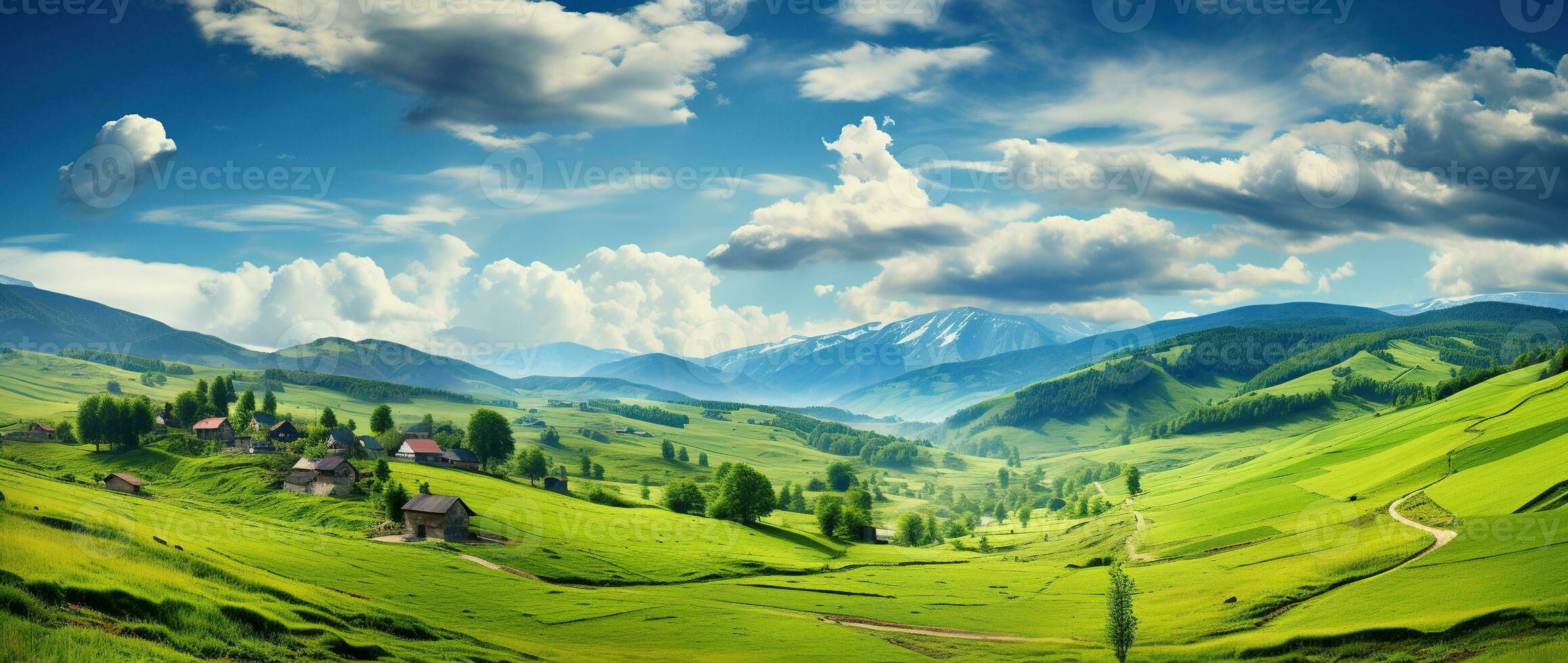 ai generato bellissimo paesaggio con verde prati e blu cielo con nuvole. foto