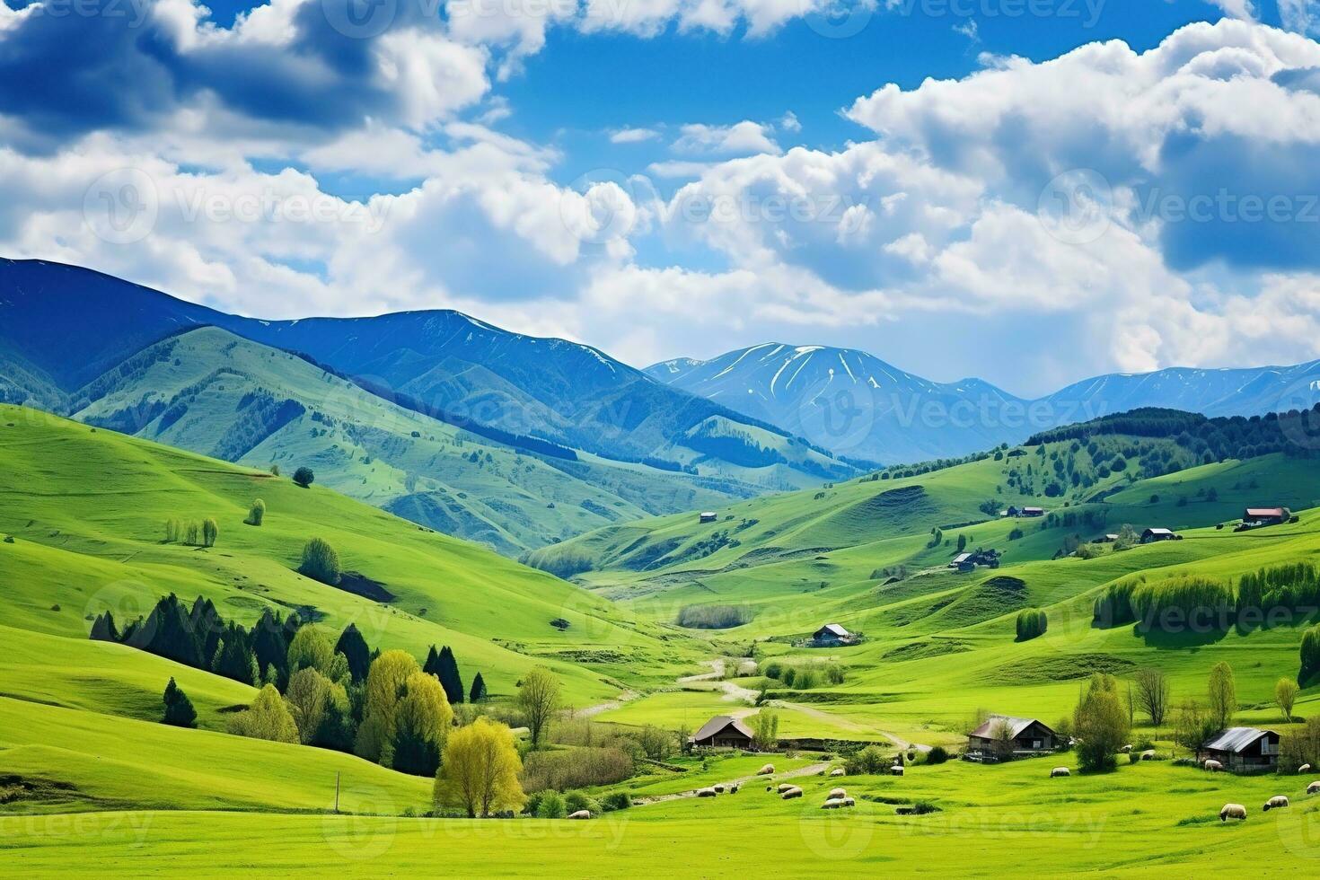 ai generato bellissimo paesaggio con verde prati e blu cielo con nuvole. foto