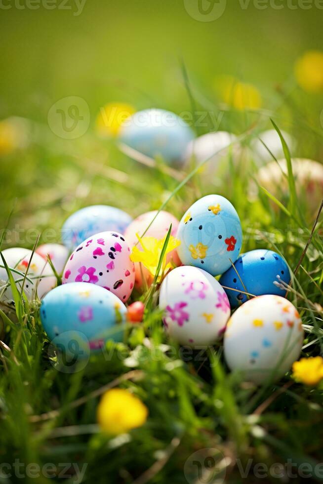 ai generato colorato Pasqua uova nel erba. contento Pasqua sfondo. foto