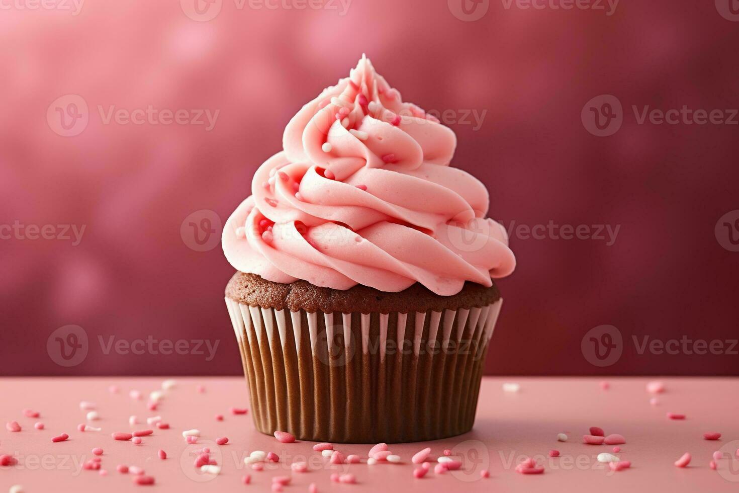 ai generato San Valentino Cupcake con a forma di cuore spruzzatori su rosso sfondo foto