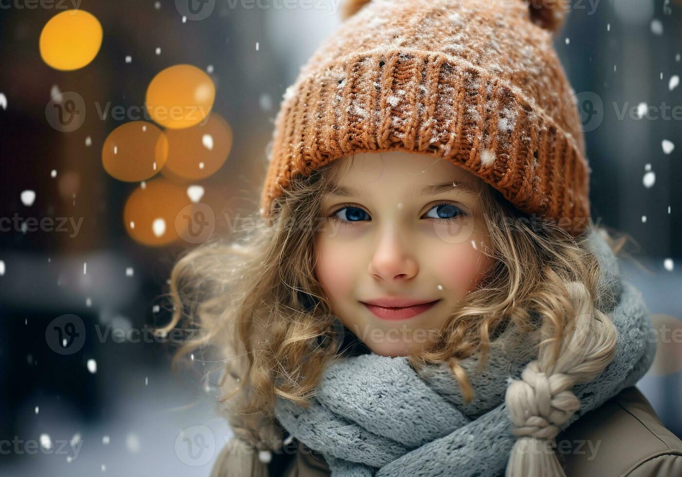 ai generato ragazza vestito calorosamente nel un' di lana cappello e sciarpa su il strada con caduta neve. inverno tempo foto