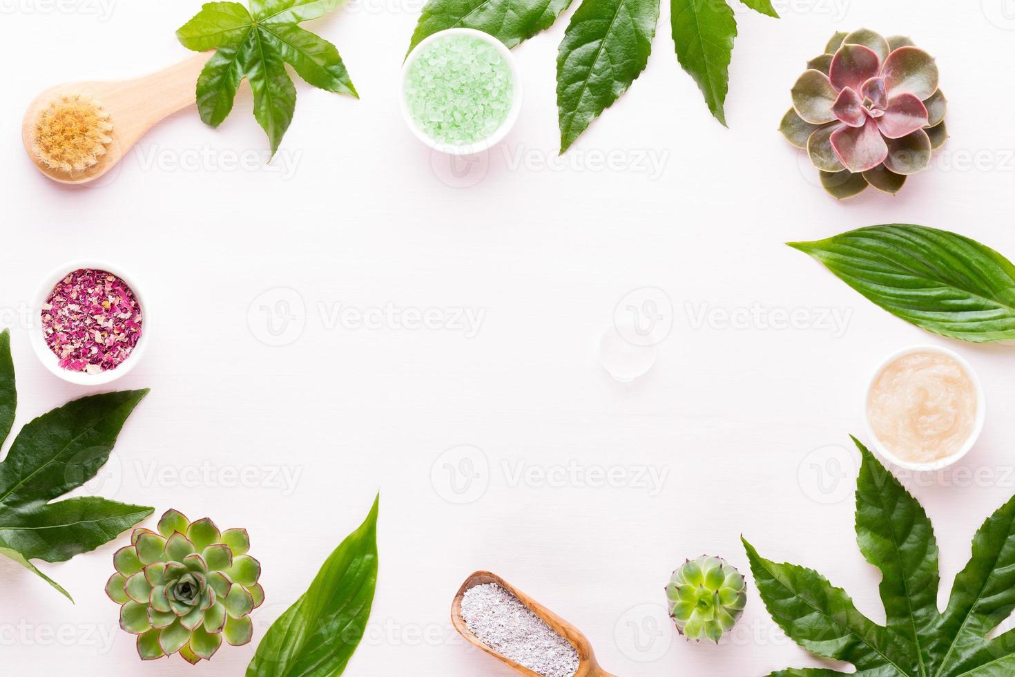 sfondo spa con bio cosmetici fatti a mano e composizione di cactus, piatto, spazio per un testo - immagine. foto