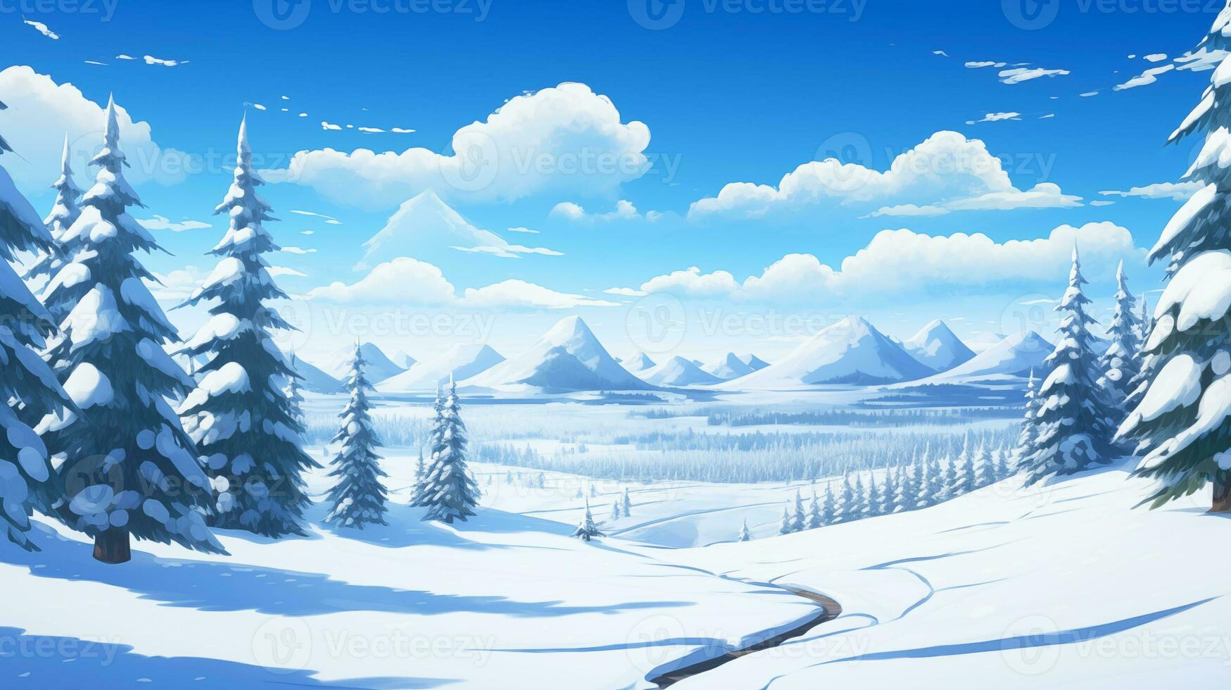 ai generato inverno villaggio nevoso paesaggio con pini foresta e colline su sfondo. comico dipingere stile. foto
