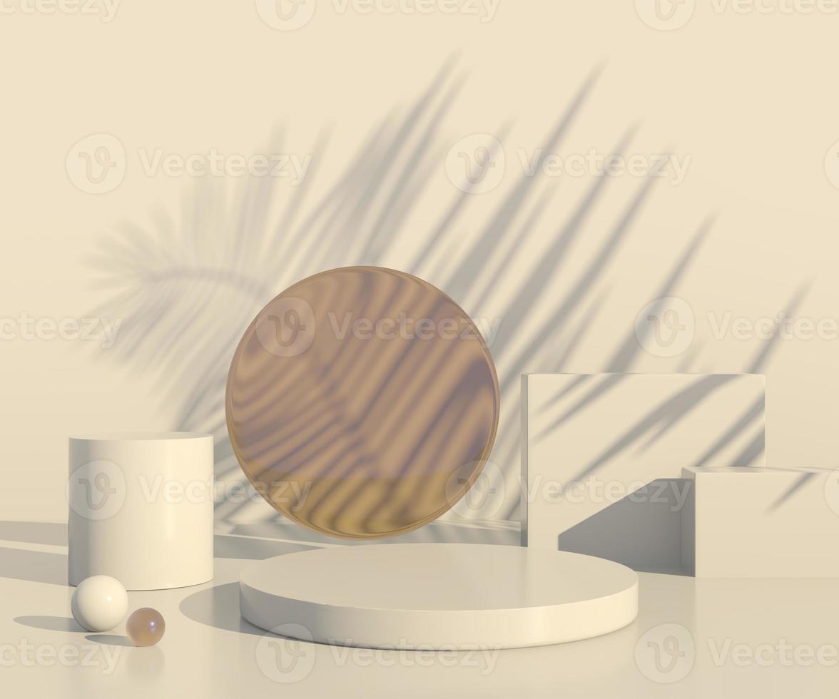 scena minimale con forme geometriche, podi in fondo crema con ombre. scena per mostrare prodotto cosmetico, vetrina, vetrina, vetrina. 3d foto