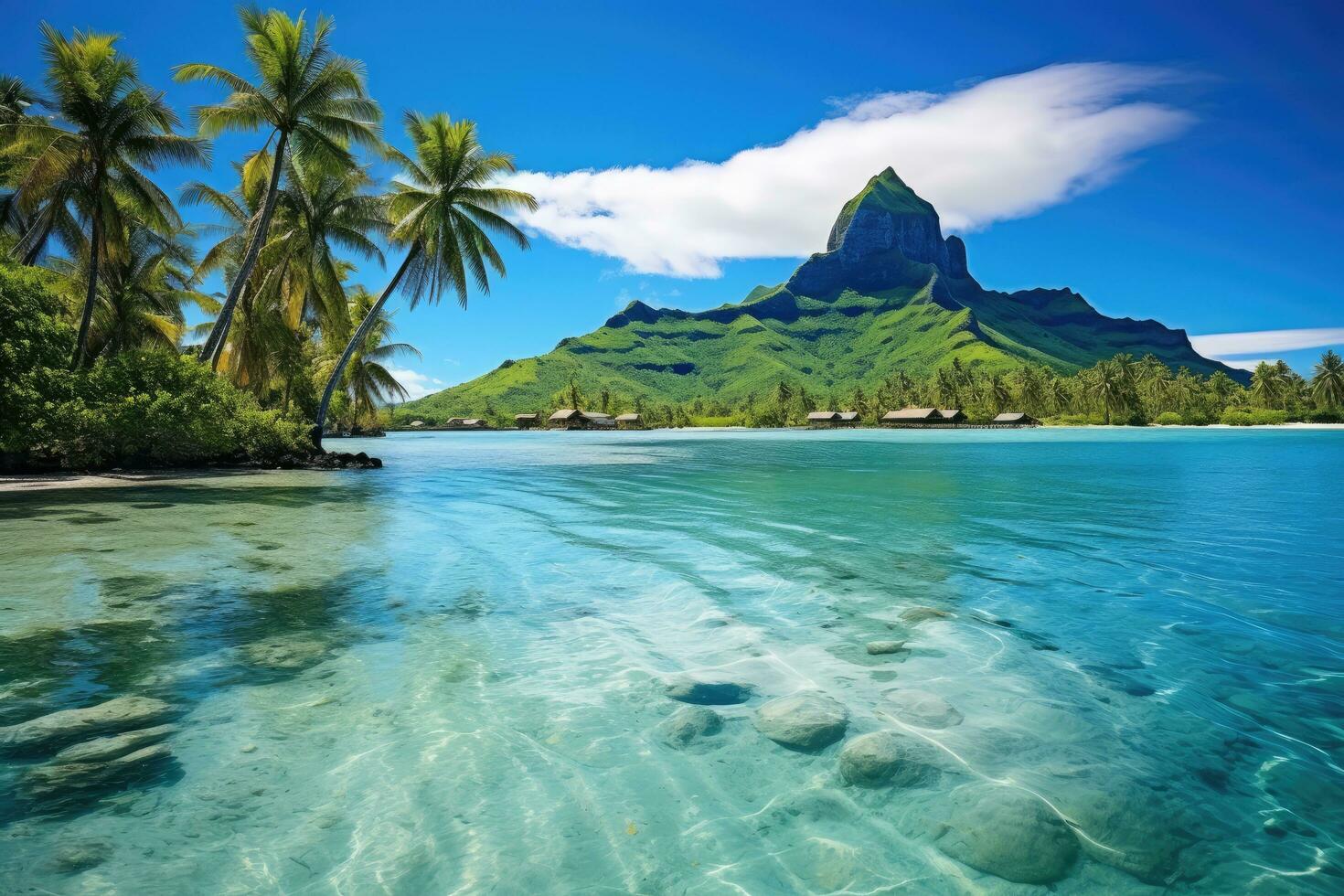 ai generato Paradiso isola a seychelles, la diga, un' tranquillo, calmo e tranquillo laguna nel bora bora, francese polinesia, ai generato foto