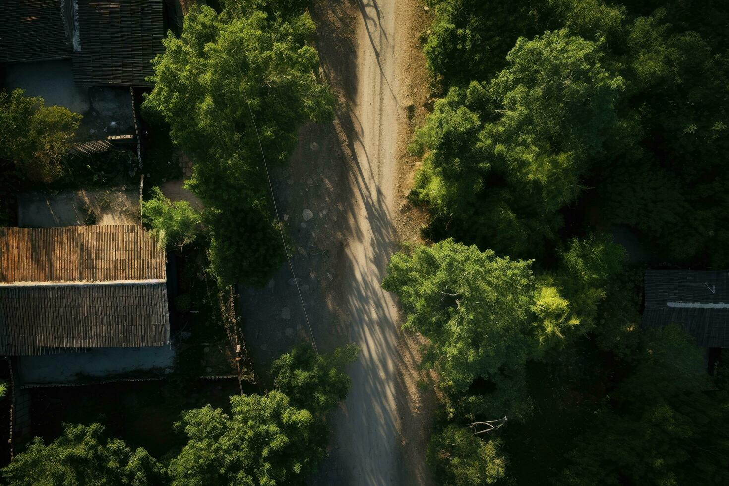 ai generato aereo Visualizza di rurale strada attraverso il verde foresta a tramonto, un' stretto strada fra boschi, visto a partire dal un' di droni prospettiva, ai generato foto