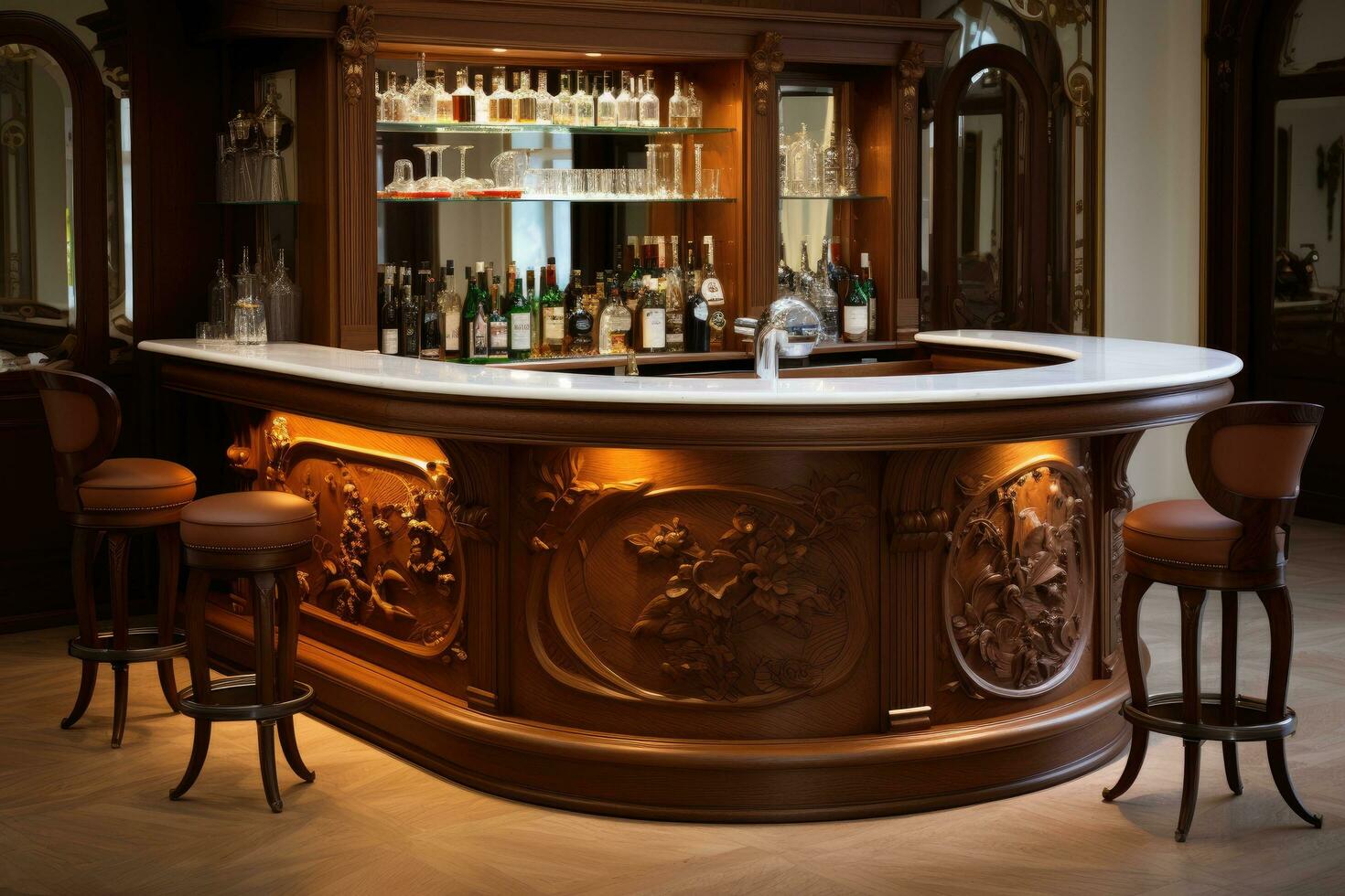 ai generato interno di un' bar con di legno contatore e barista sedia, classico bar contatore, ai generato foto