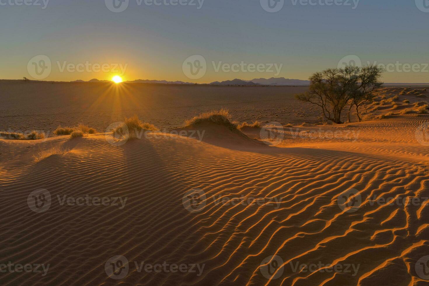 sole starburst a tramonto e vento spazzato sabbia su il duna foto