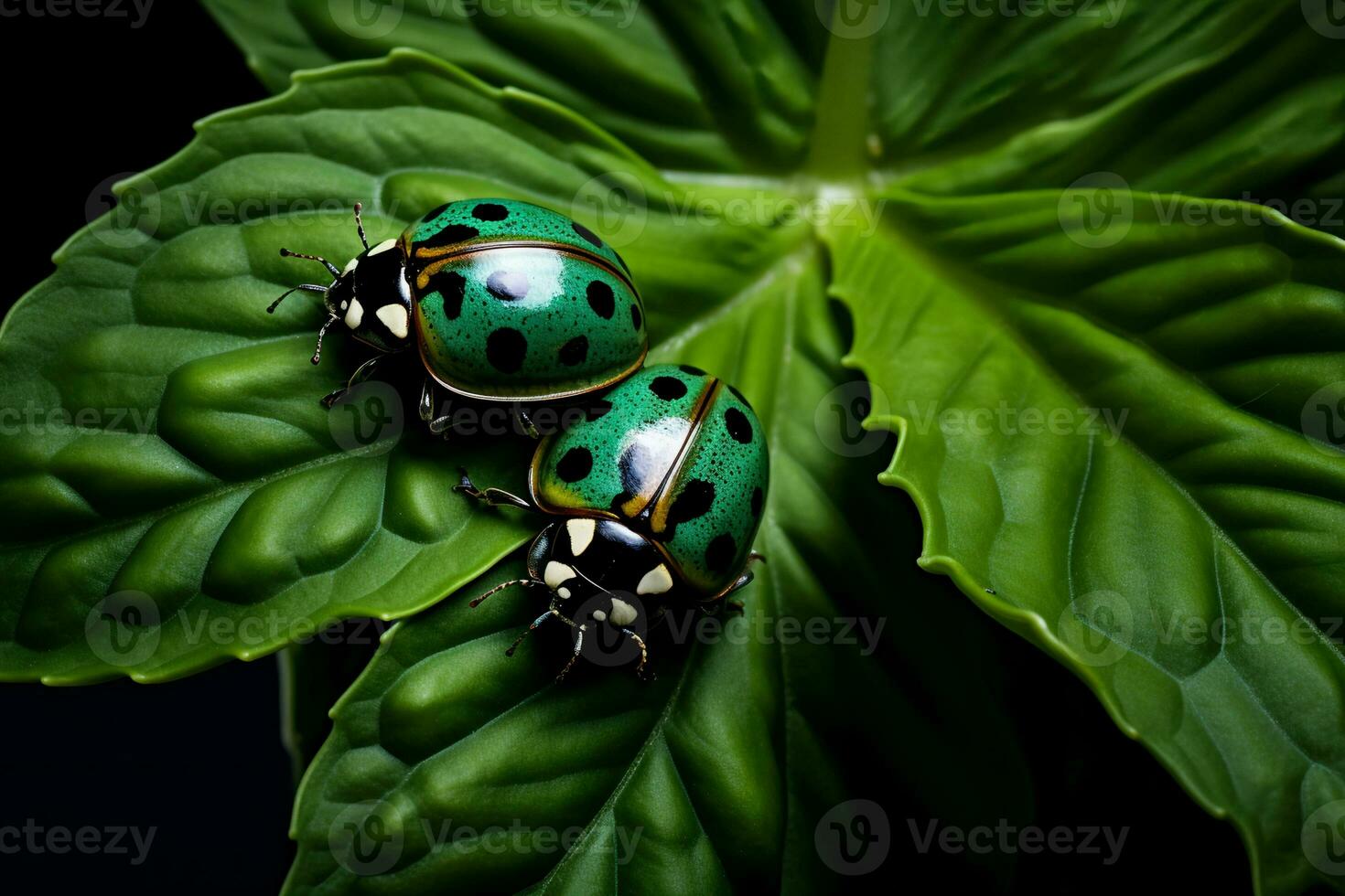 ai generato coccinella a piedi su un' verde foglia foto