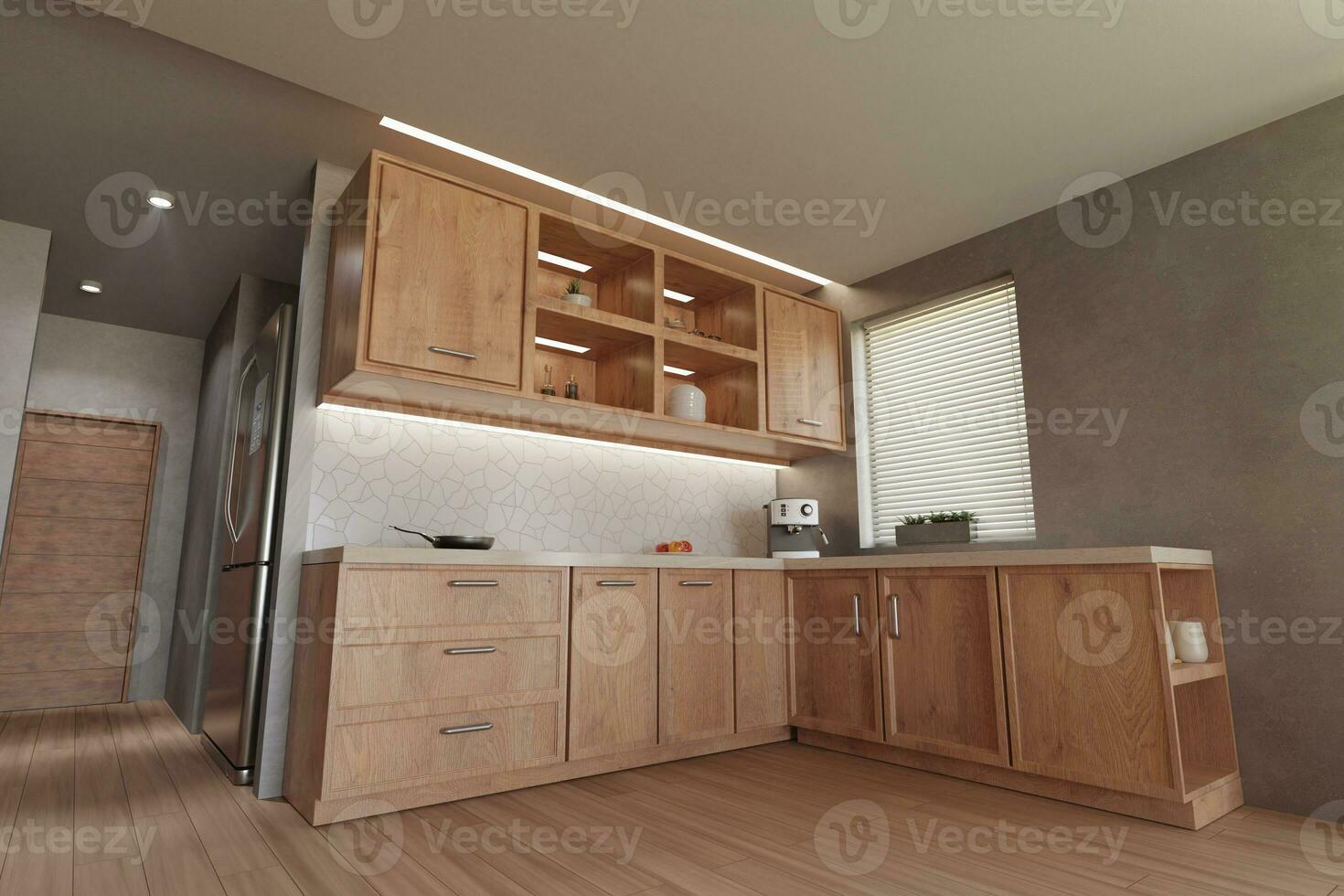 3d rendere interno cucina, di legno armadietti, cenare tavolo, decorazioni e cibo. fisheye effetto. foto