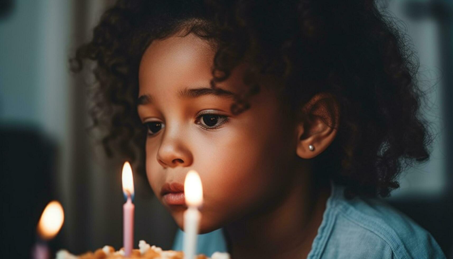 ai generato un' carino ragazza sorridente, Tenere un' candela, festeggiare sua compleanno generato di ai foto