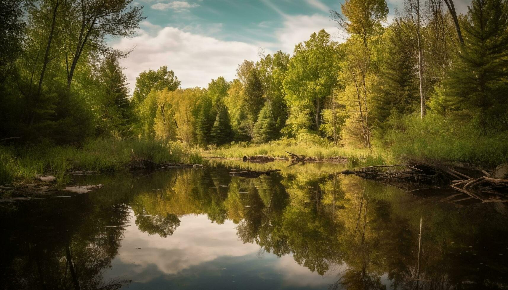 ai generato tranquillo scena di un' maestoso montagna gamma riflettendo nel acqua generato di ai foto