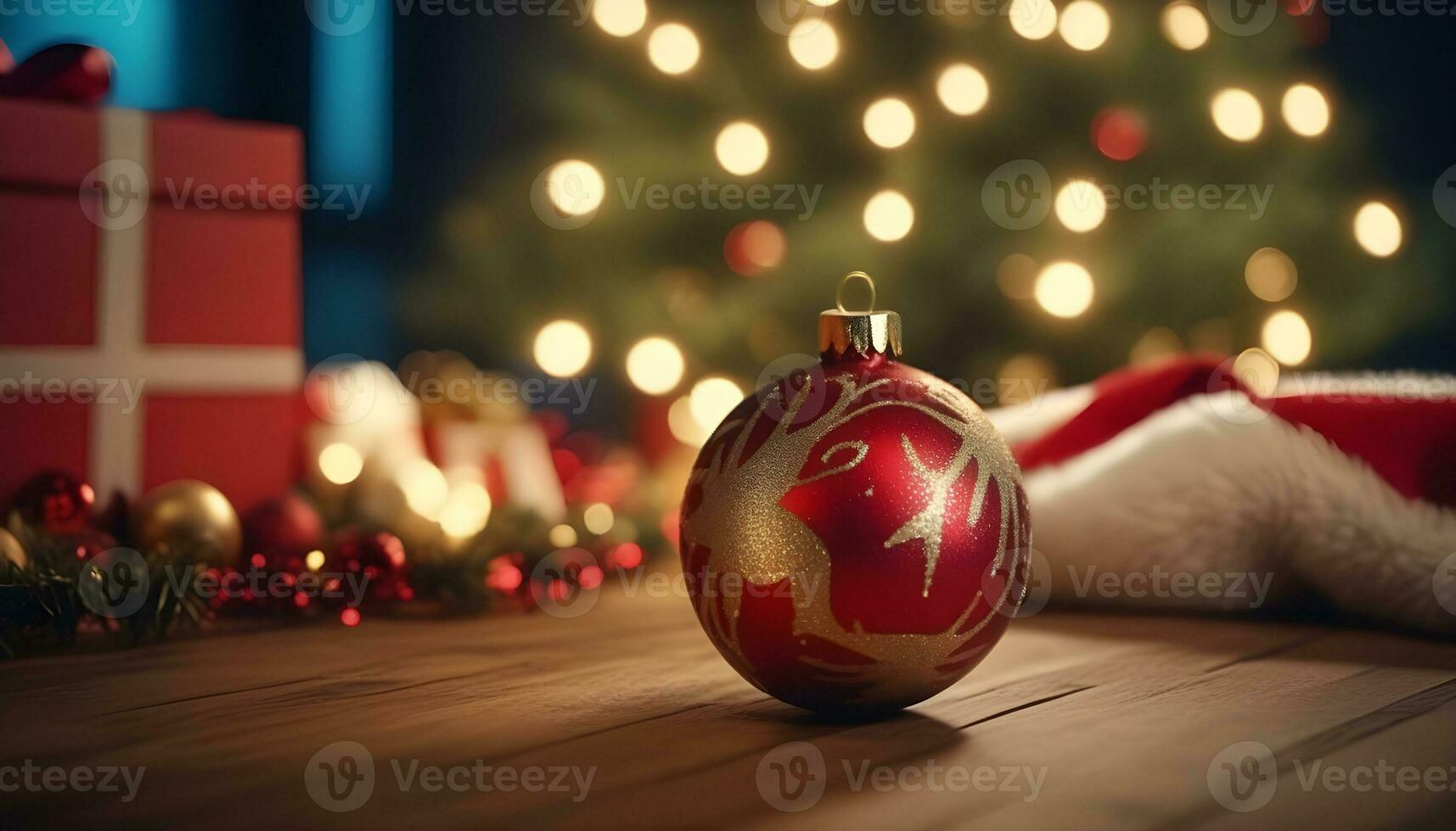 ai generato Natale i regali su il pavimento vicino un' Natale albero foto