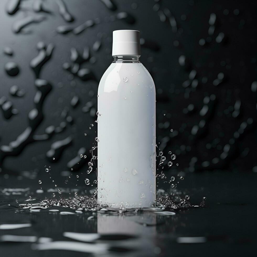 ai generato vuoto bianca bevanda bottiglia con acqua spruzzo su nero sfondo. generativo ai foto