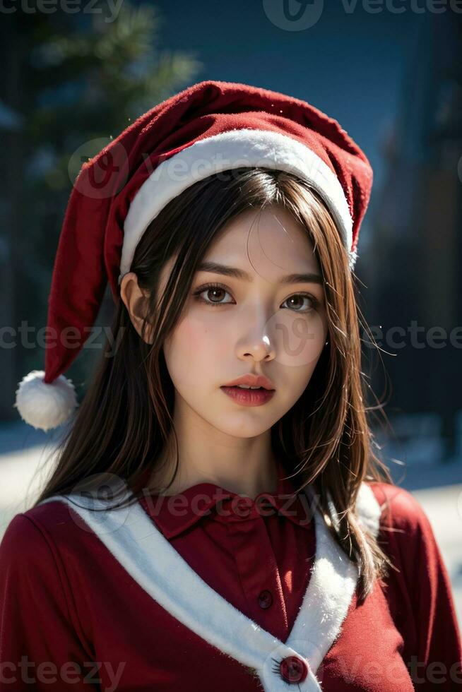 ai generato ai generativo bellissimo ragazza nel Santa Claus Abiti al di sopra di Natale sfondo foto