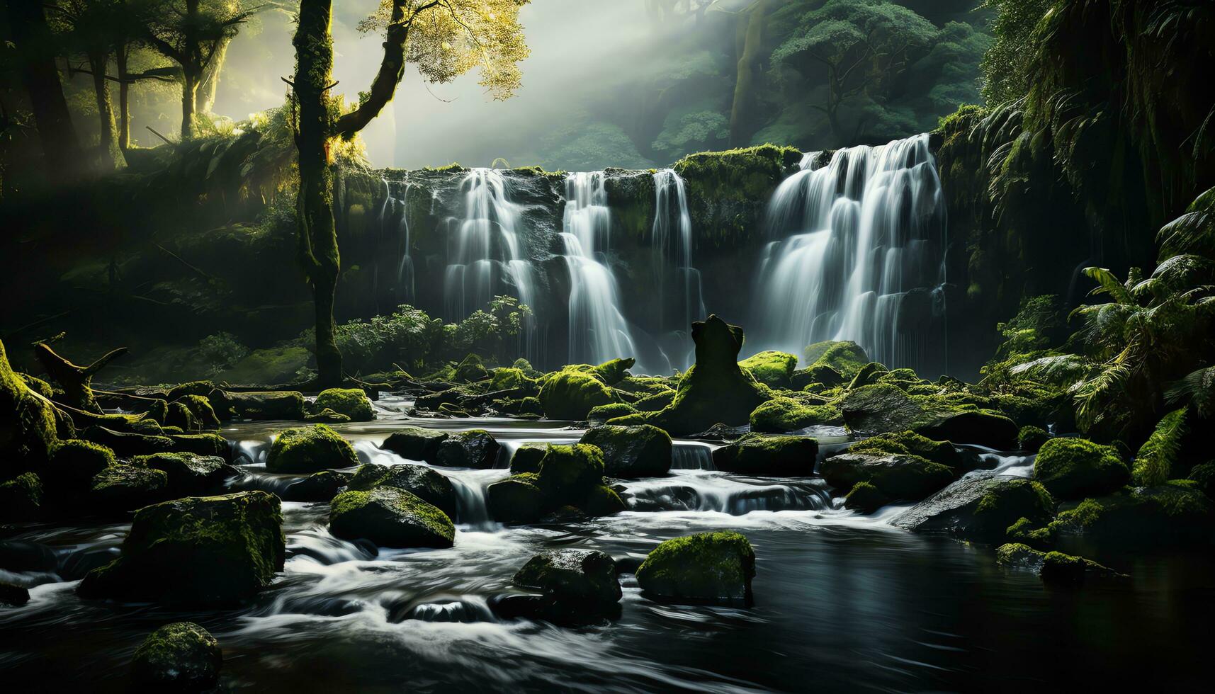 ai generato un' cascata nel il mezzo di un' foresta con rocce e alberi foto