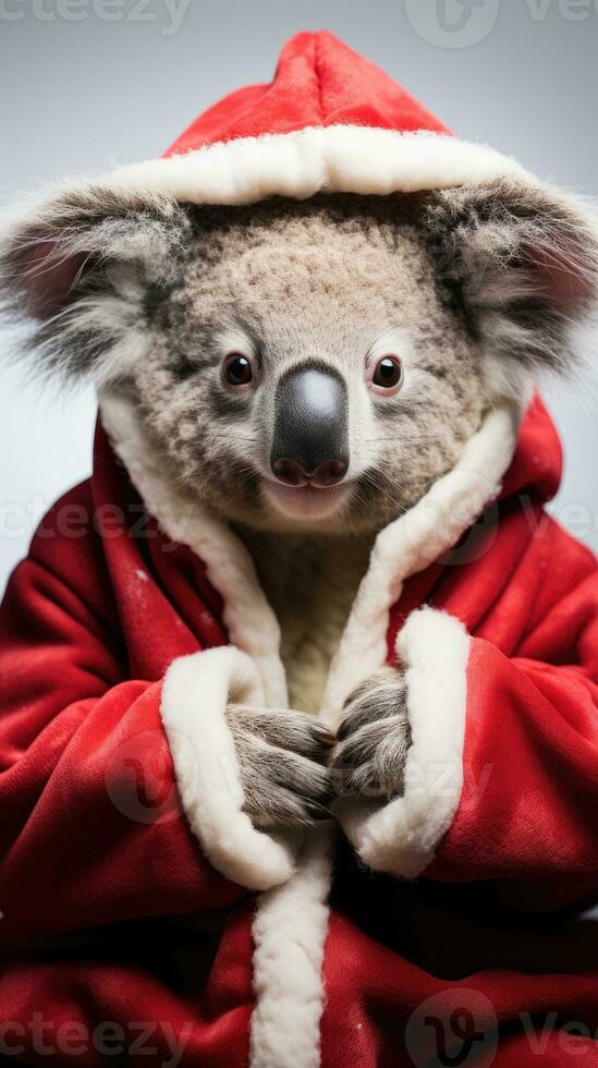 ai generato carino koala rosso Santa cappello sfondo neve cartolina soffice animali regalo rosso inverno foto