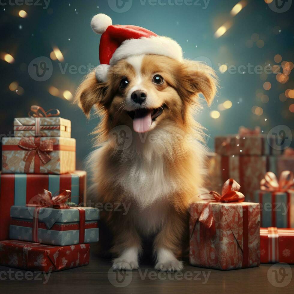 ai generato carino cane rauco lupo cucciolo con Natale regalo scatole concetto foto manifesto allegro presente rosso nuovo anno