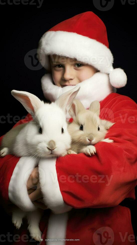 ai generato carino cervo rosso Santa cappello sfondo neve cartolina soffice animali regalo rosso inverno foto