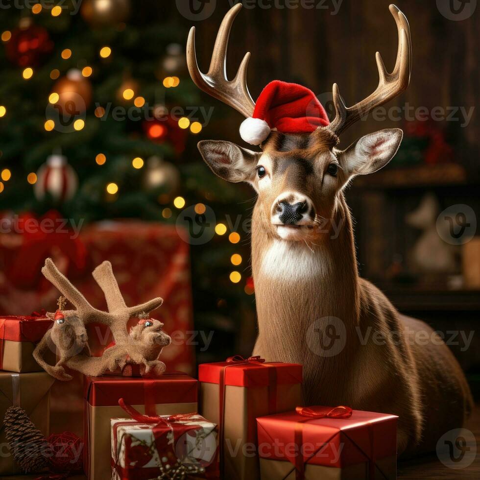 ai generato carino cervo rosso Santa cappello sfondo neve cartolina soffice animali regalo rosso inverno foto