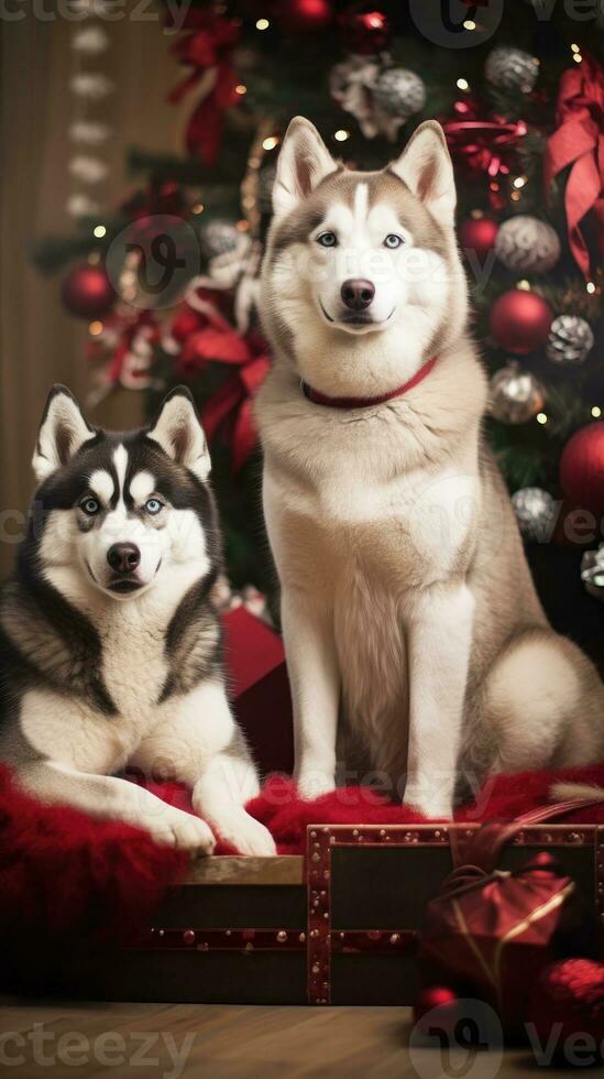 ai generato carino cane cucciolo con Natale regalo scatole concetto foto manifesto allegro presente rosso nuovo anno