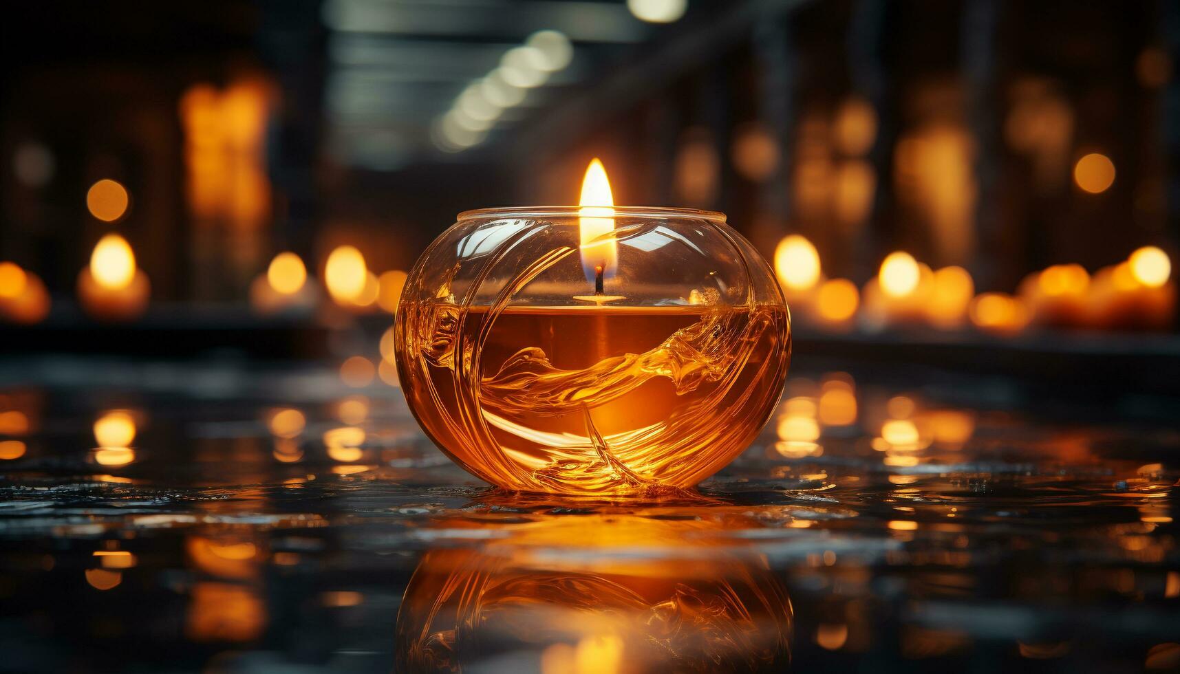 ai generato raggiante candela si illumina tranquillo tavolo, simboleggiante armonia e rilassamento generato di ai foto