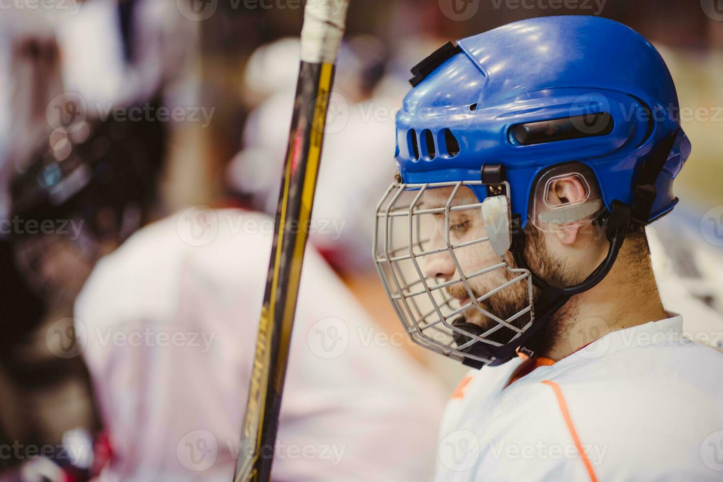 hockey Giocatori sedersi su il panchina durante il incontro foto