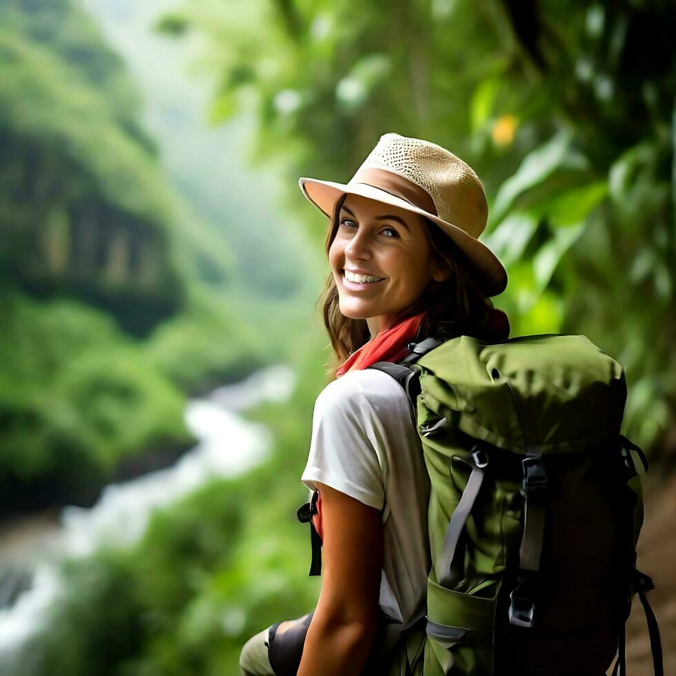 ai generato un' allegro signora con zaino sollevamento mano apprezza natura foto