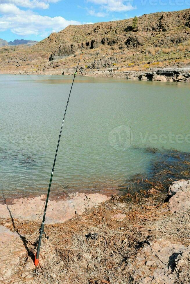 un' pesca asta su il riva di un' lago foto