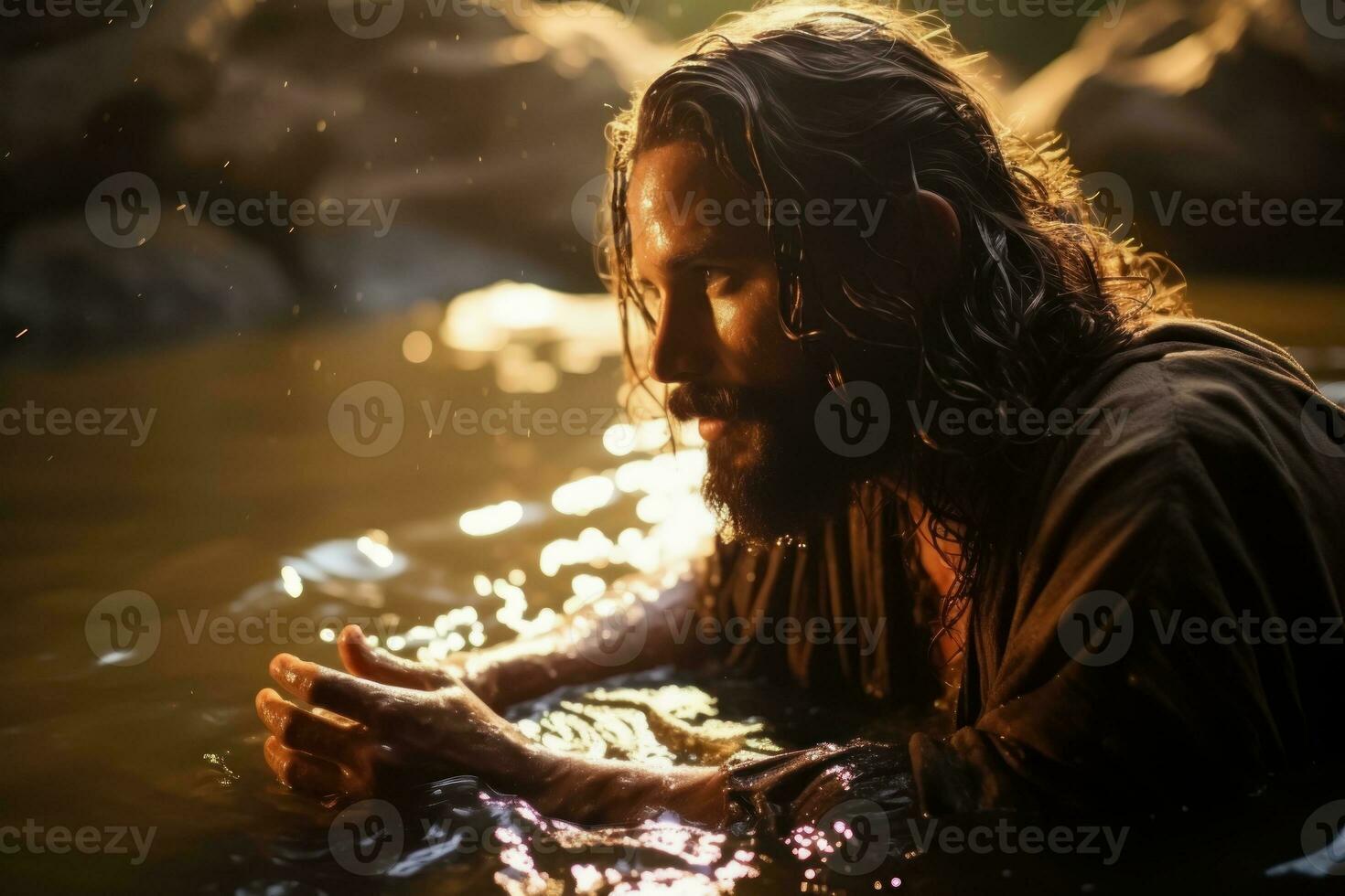 ai generato divine battesimo - Gesù Cristo immersa nel il santo Giordania fiume - generativo ai foto