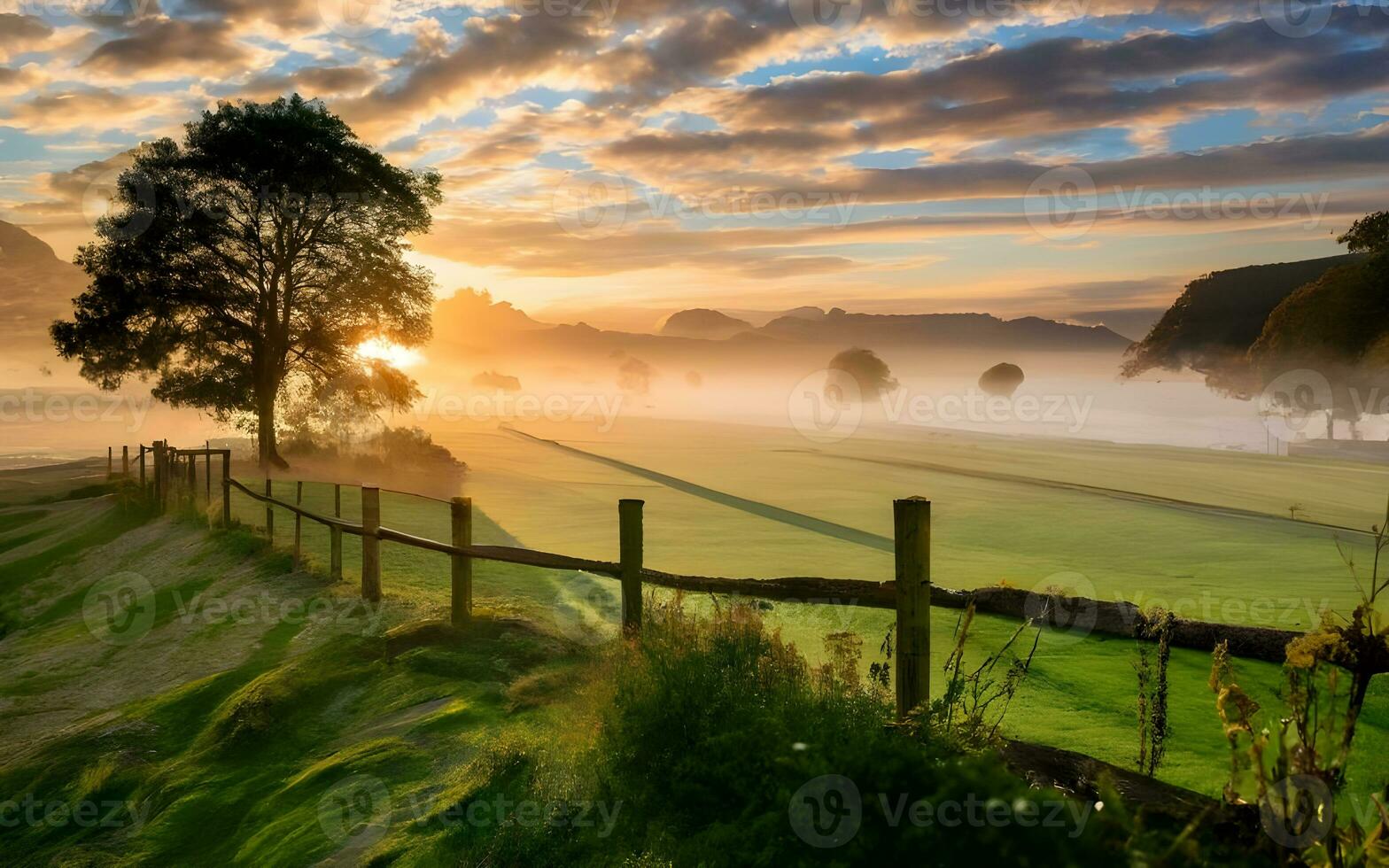 ai generato etereo alba, un' intravedere in il tranquillo inglese campagna foto