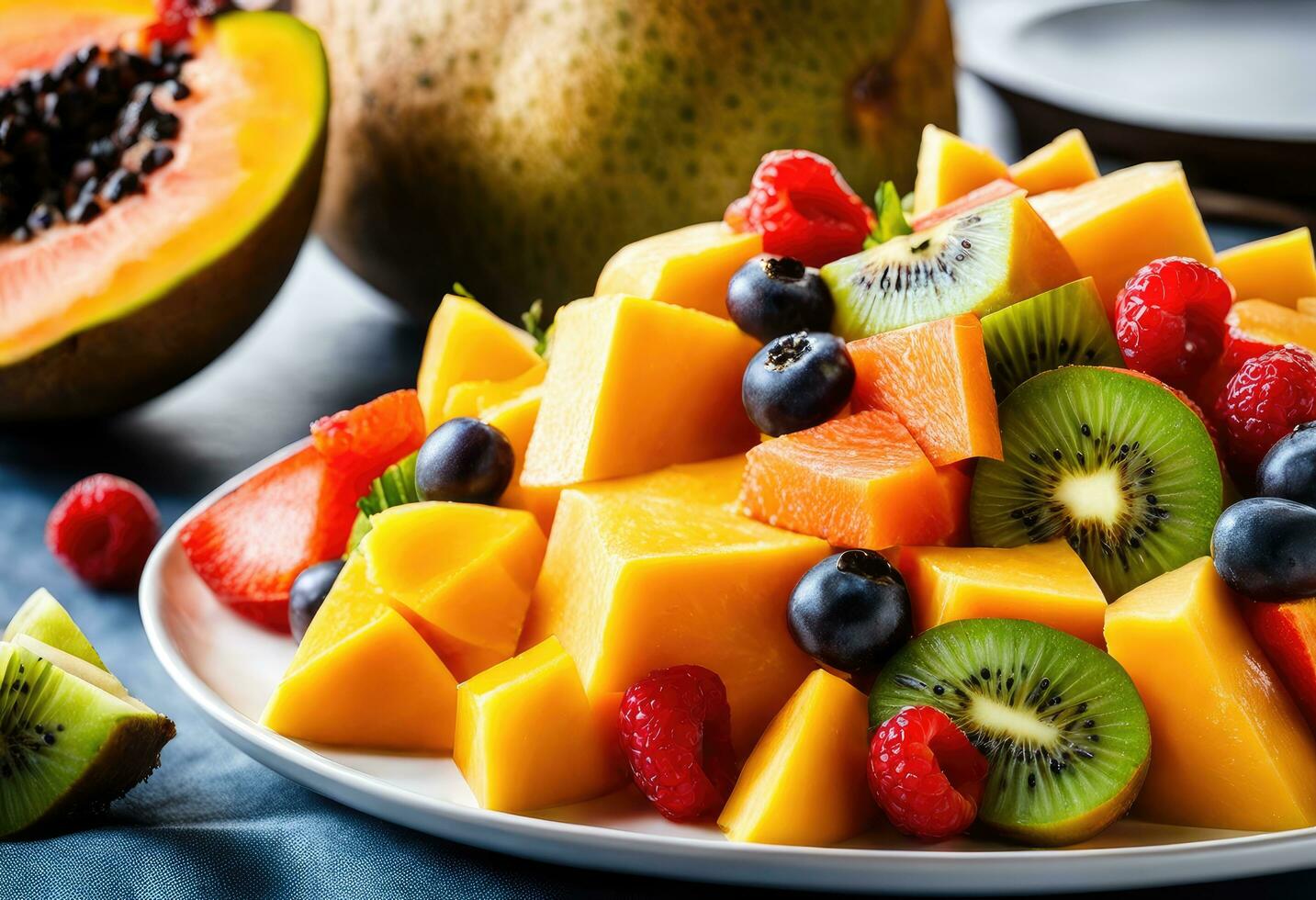 ai generato un' colorato frutta insalata con fette di Mango, papaia, ananas, kiwi, e Banana. foto