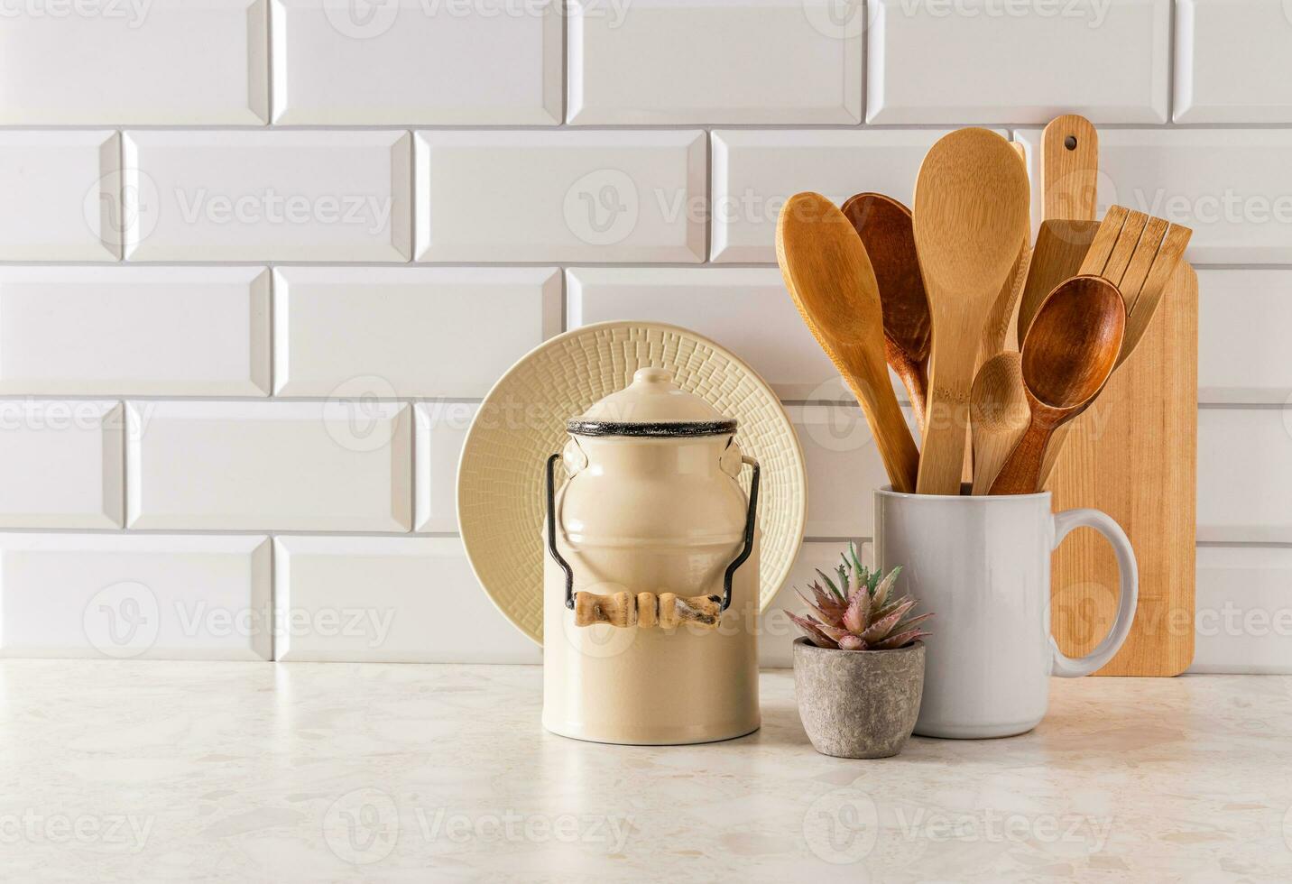 elegante cucina sfondo nel leggero colori con elegante cucina utensili nel un' minimalista stile. davanti Visualizza. un' copia di il spazio. bianca mattone parete. foto