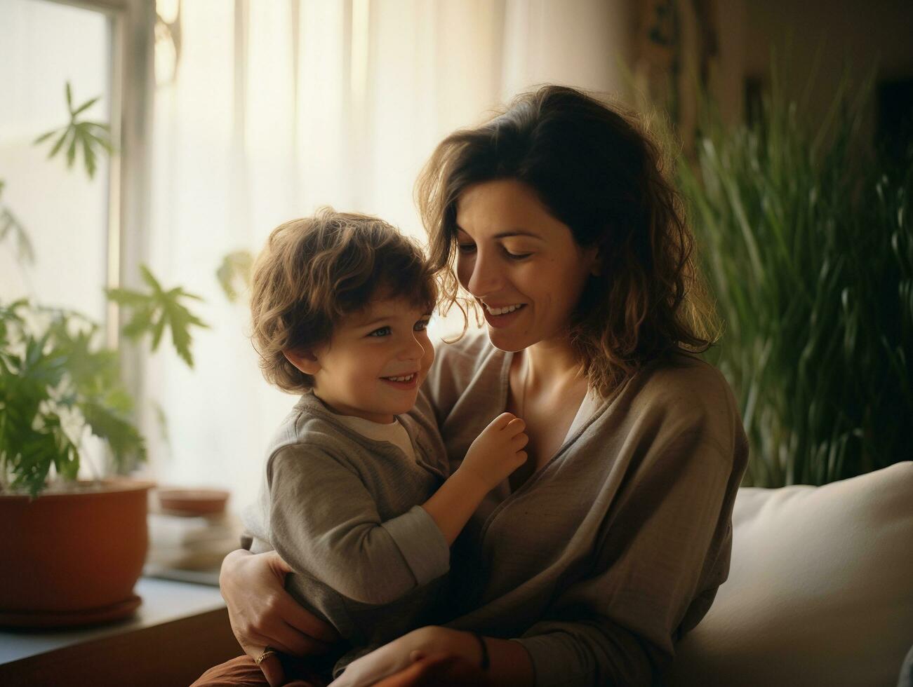 ai generato contento madre e figlio abbracciare e godendo insieme nel vivente camera, famiglia tempo concetto foto