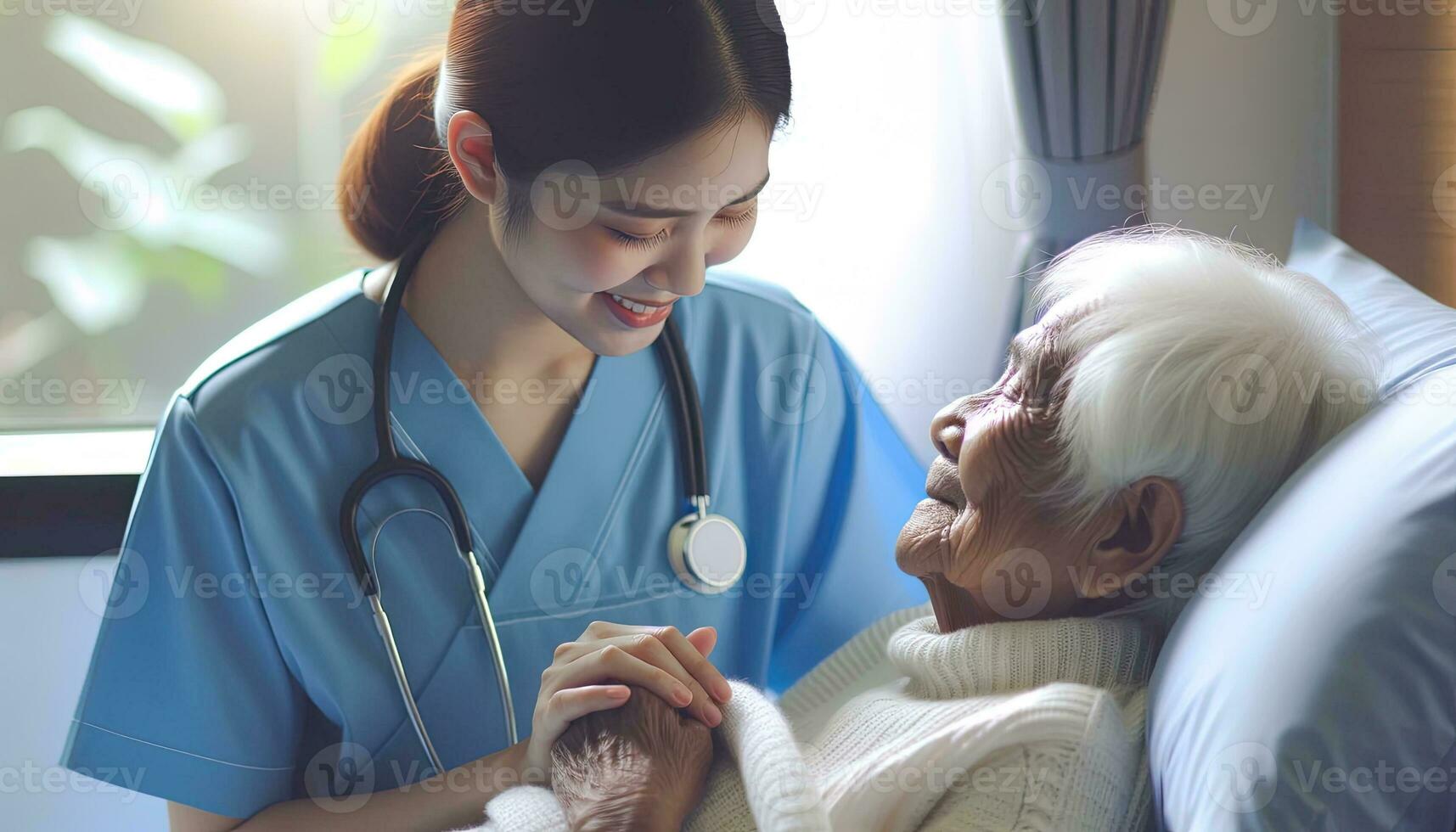 ai generato compassionevole infermiera cura per il anziano foto