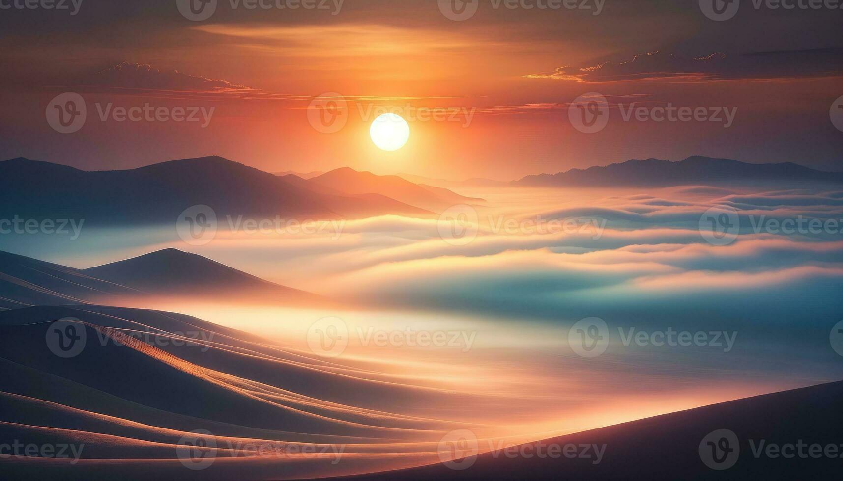 ai generato etereo tramonto al di sopra di nebbioso sabbia dune paesaggio foto