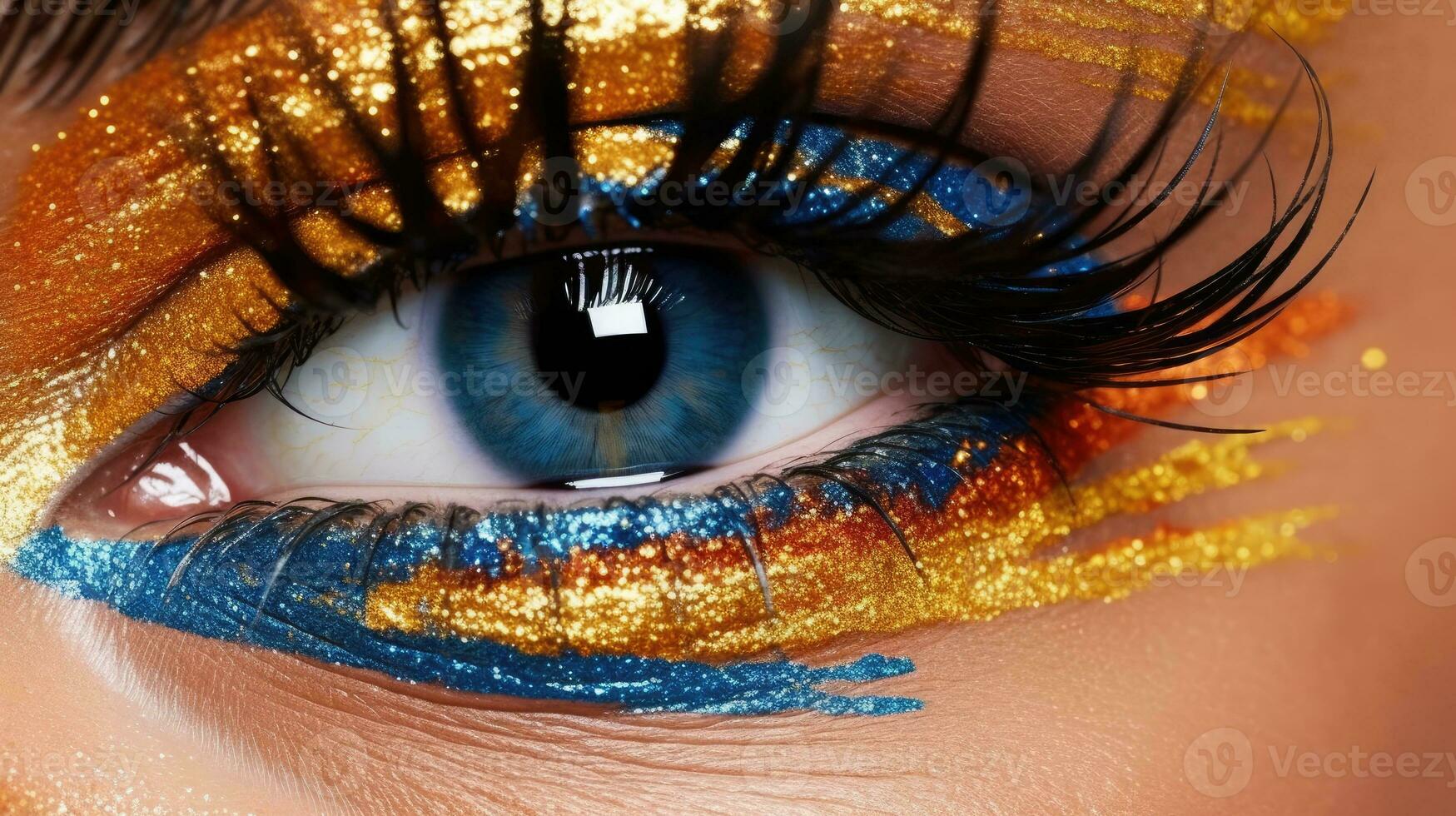 vivace oro e colorato occhio trucco con intricato dettagli foto