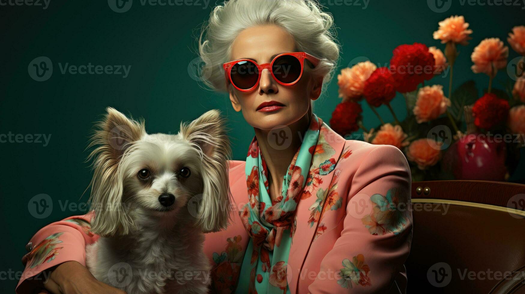 elegante donna con occhiali da sole Tenere elegante cane foto