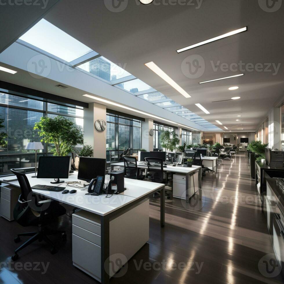 ai generato interno design moderno creativo ufficio foyer, aziendale Aperto spazio di lavoro, co Lavorando ufficio camera foto