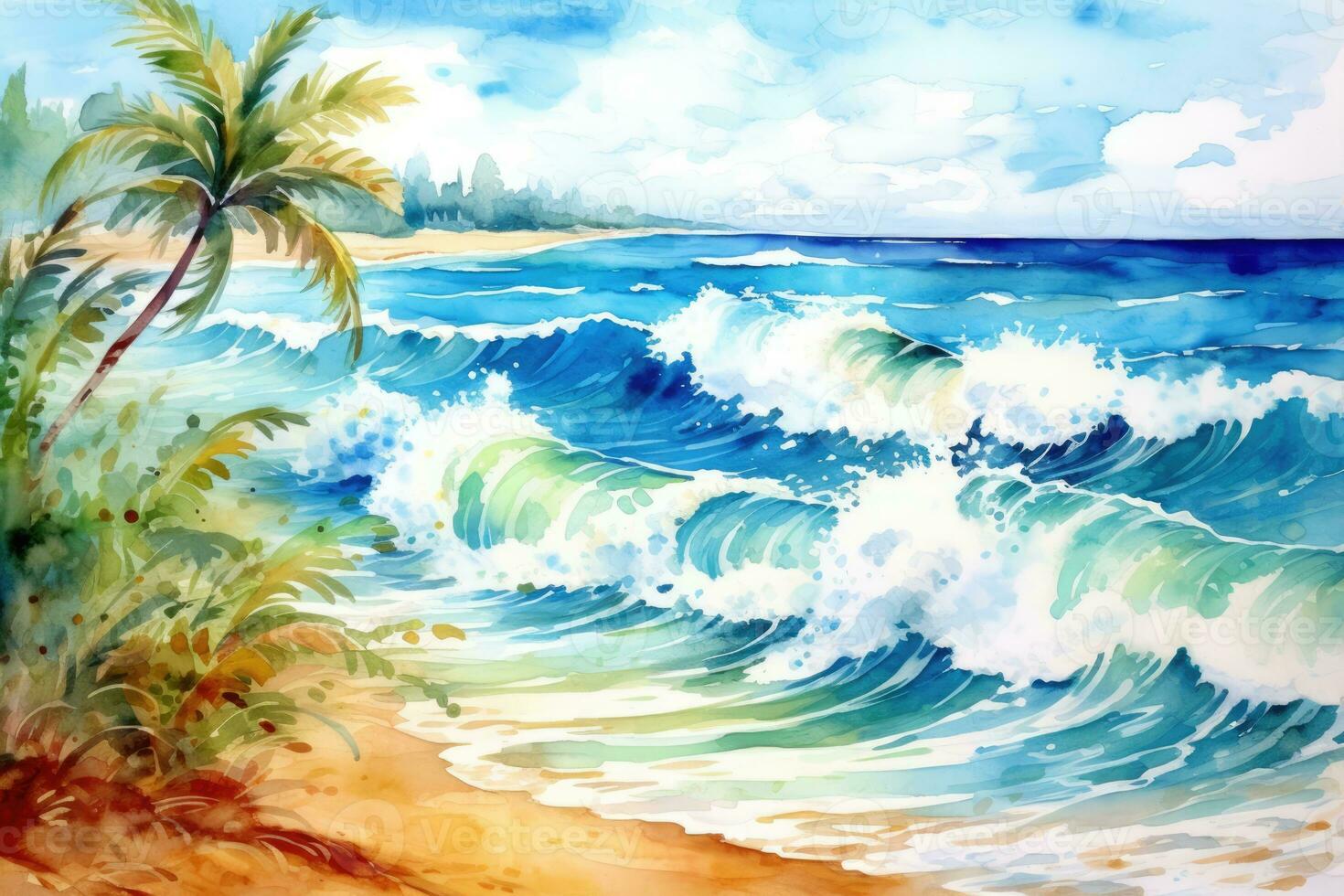 ai generato estate acqua Paradiso illustrazione bellezza spiaggia paesaggio marino sabbia cielo sfondo oceano foto