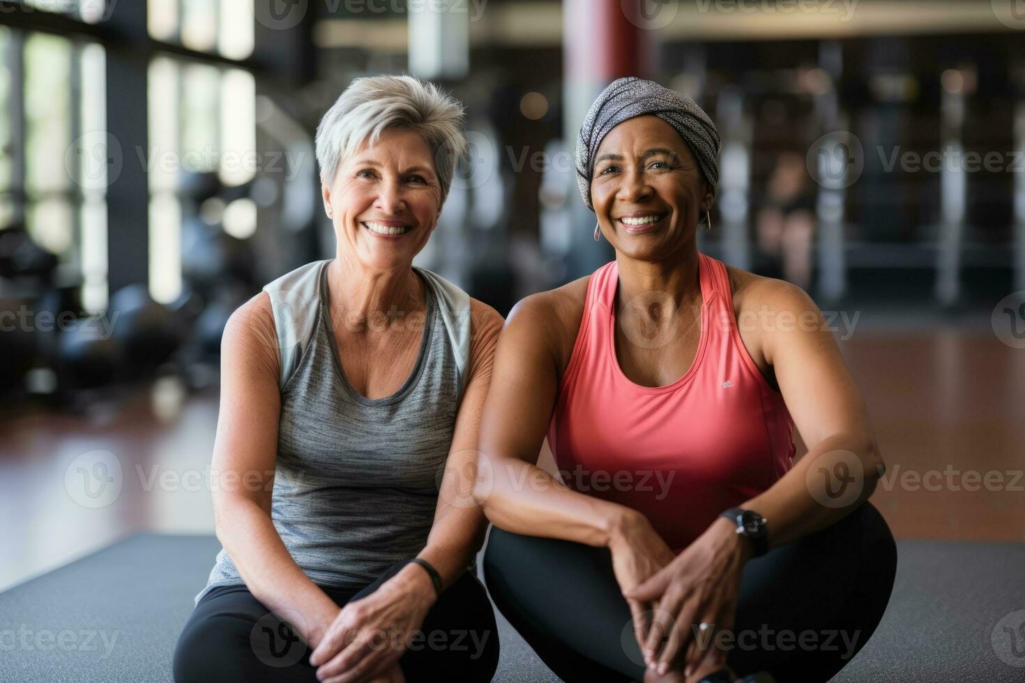 ai generato adulto esercizio in forma anziano femmina sport donne salutare fitness vecchio Palestra ritratto foto