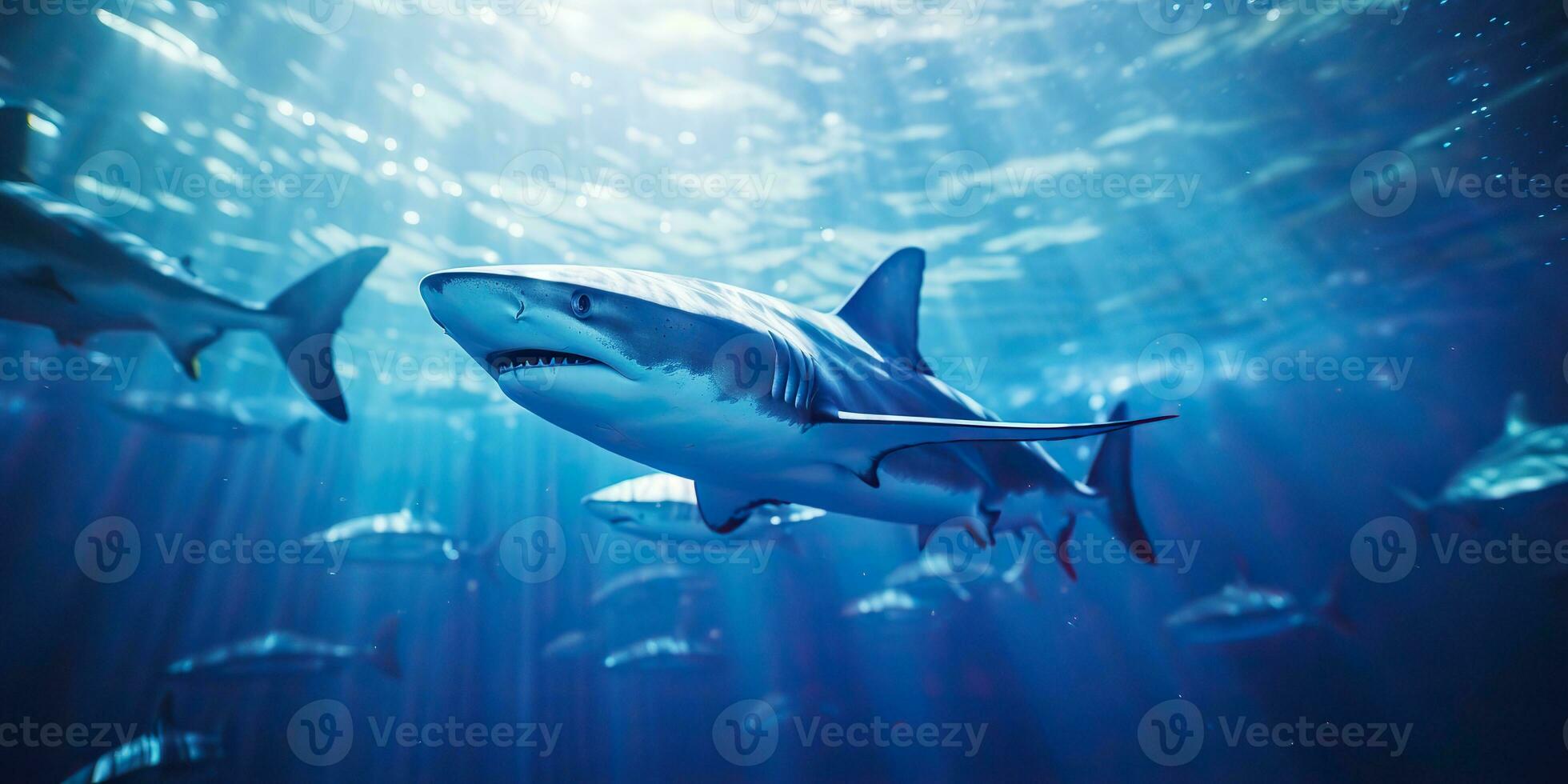 ai generato selvaggio vita sotto acqua natura all'aperto mare oceano grande pesce blu squalo sfondo. in profondità tuffo autorespiratore immersione cacciatore animale foto