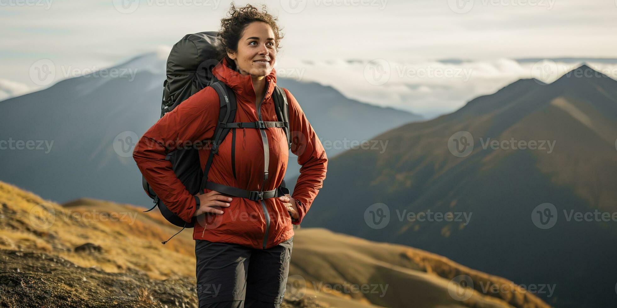 ai generato femmina ragazza donna escursionista puntamento natura all'aperto avventura Esplorare montagna paesaggio viaggio esplorazione motivazione. grafico arte foto