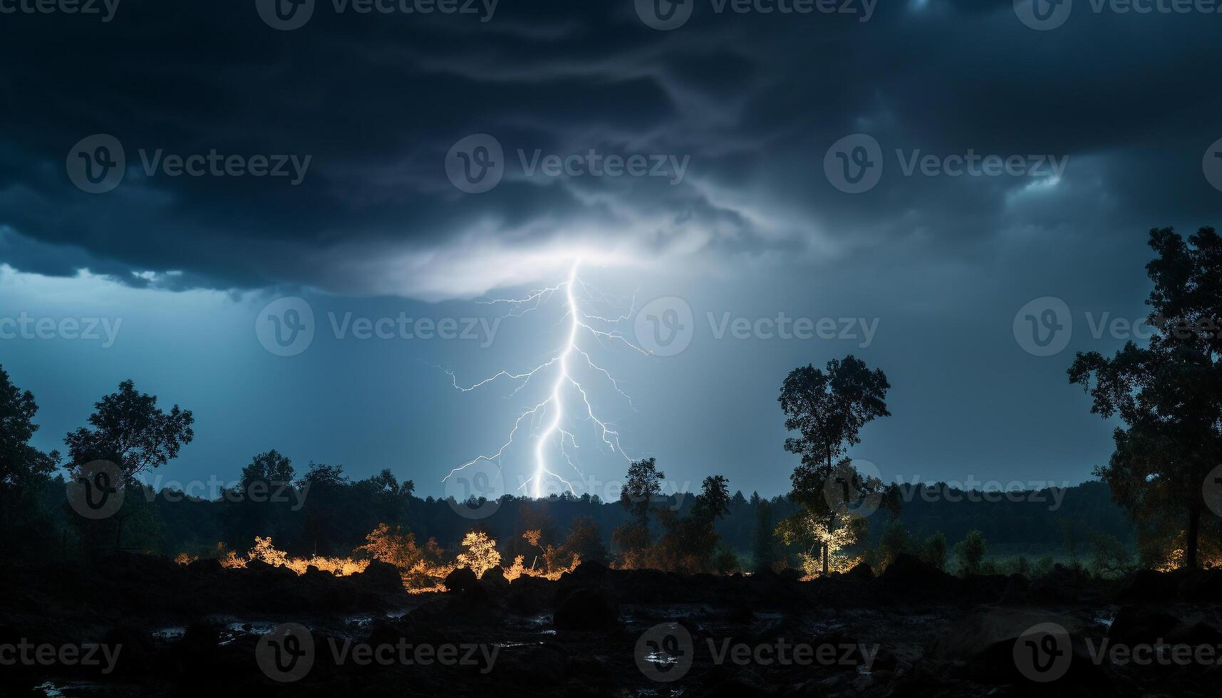 ai generato luminosa blu cielo, buio silhouette albero, vivace fulmine bullone generato di ai foto