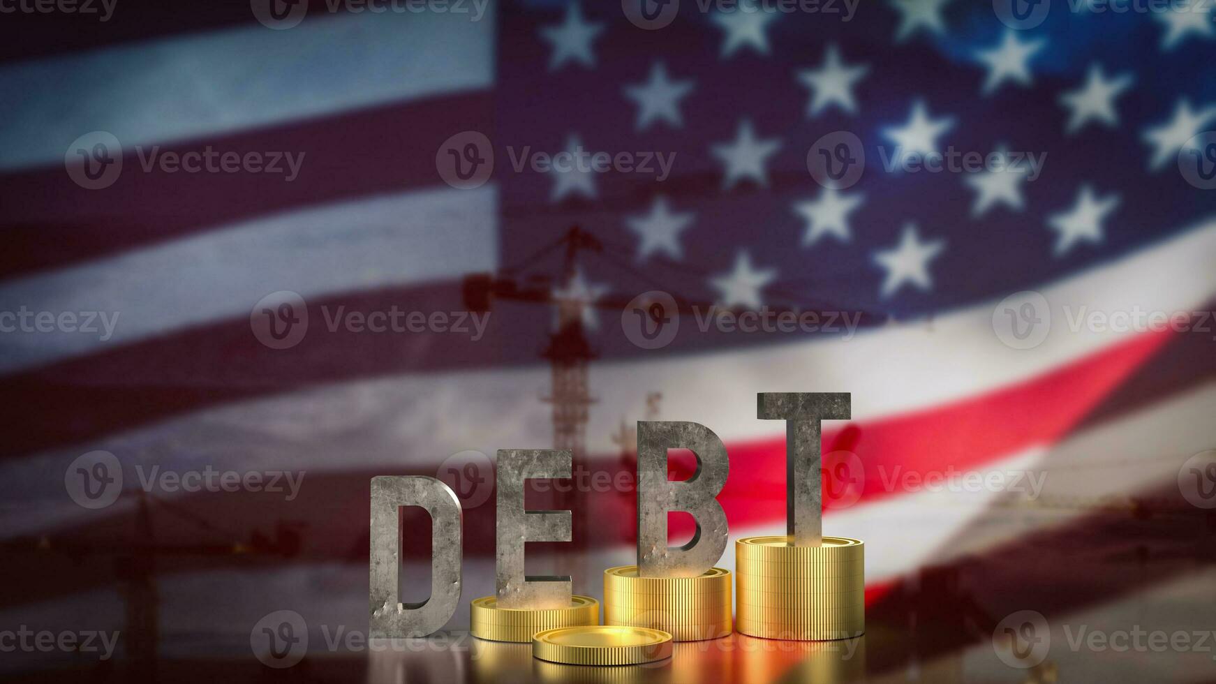 il debito e monete su Stati Uniti d'America bandiera per attività commerciale concetto 3d resa. foto