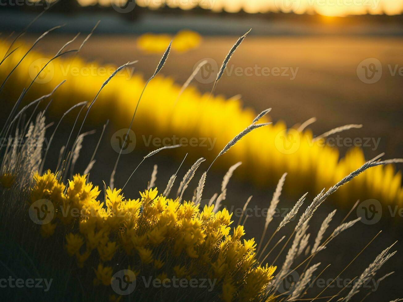 ai generato raggiante i campi di inverno morbido messa a fuoco tramonto prato con giallo fiori della natura abbraccio. un' sinfonia di colori caldo inverno tramonto prato con astratto morbido messa a fuoco natura armonia foto