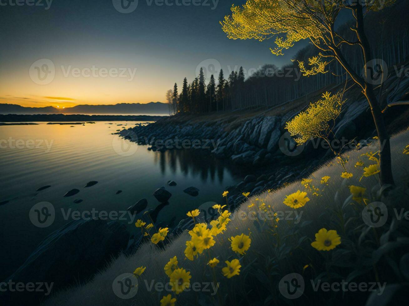 ai generato raggiante i campi di inverno morbido messa a fuoco tramonto prato con giallo fiori della natura abbraccio. un' sinfonia di colori caldo inverno tramonto prato con astratto morbido messa a fuoco natura armonia foto