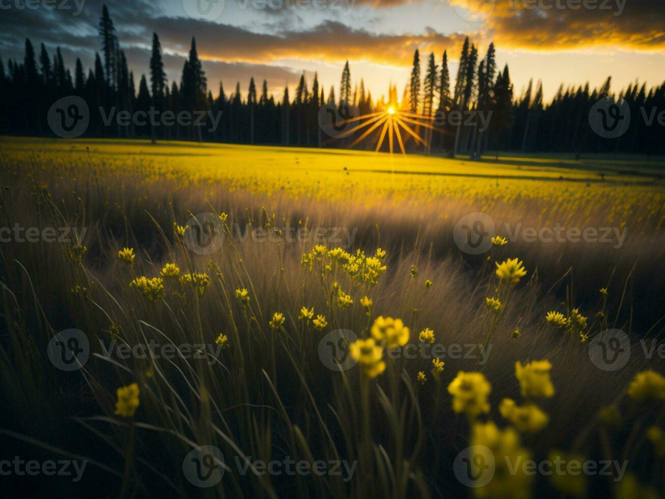 ai generato raggiante i campi di inverno morbido messa a fuoco tramonto prato con giallo fiori della natura abbraccio. un' sinfonia di colori caldo inverno tramonto prato con astratto morbido messa a fuoco natura armonia. foto