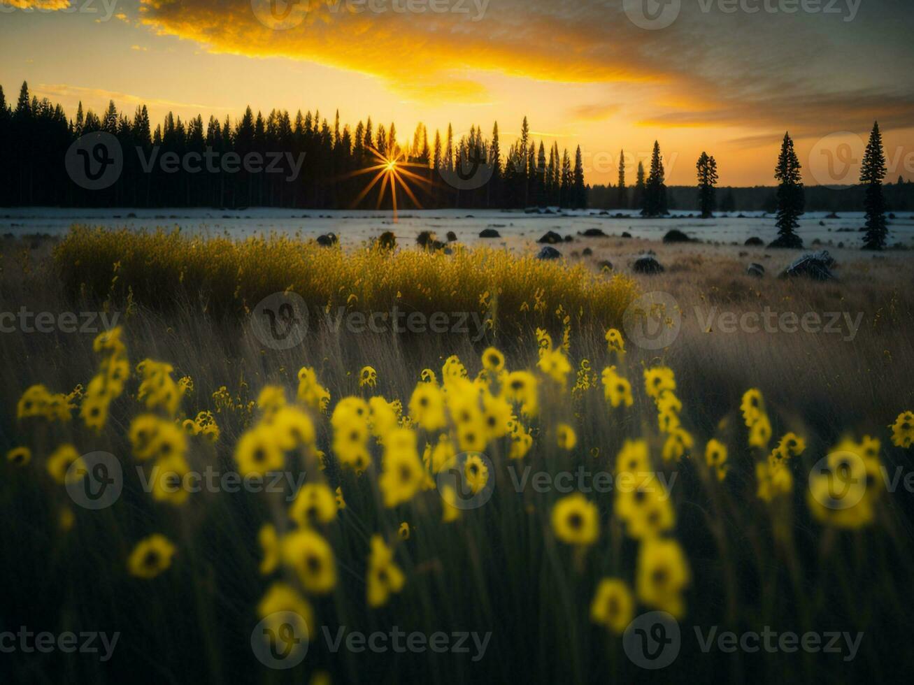 ai generato raggiante i campi di inverno morbido messa a fuoco tramonto prato con giallo fiori della natura abbraccio. un' sinfonia di colori caldo inverno tramonto prato con astratto morbido messa a fuoco natura armonia. foto