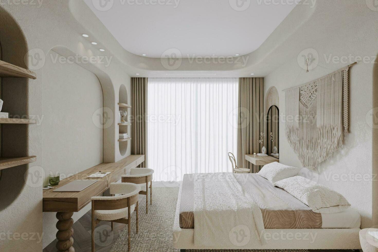 un' bianca accogliente letto, mestiere di legno sedie con un' attaccato al muro tavolo, e un' grande finestra nel il Camera da letto. foto